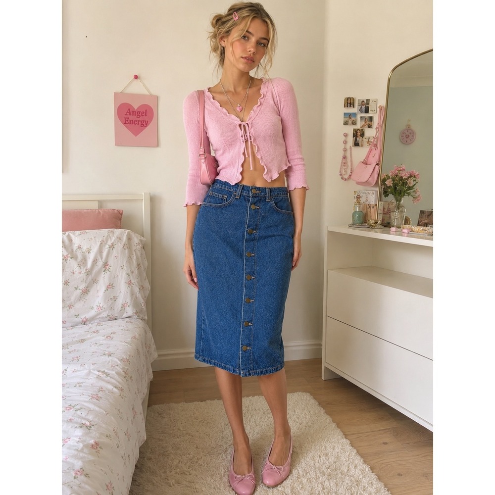 American Apparel Y2K Denim Pencil Skirt XS Button Front Preppy Twee Western 90s